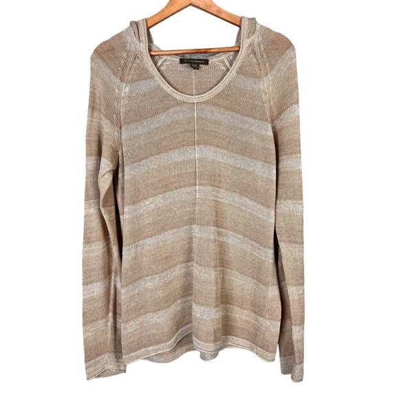 TOMMY BAHAMA Womens M Tan Striped Linen Blend Hooded Pullover Cover Up Open Knit - Picture 7 of 7